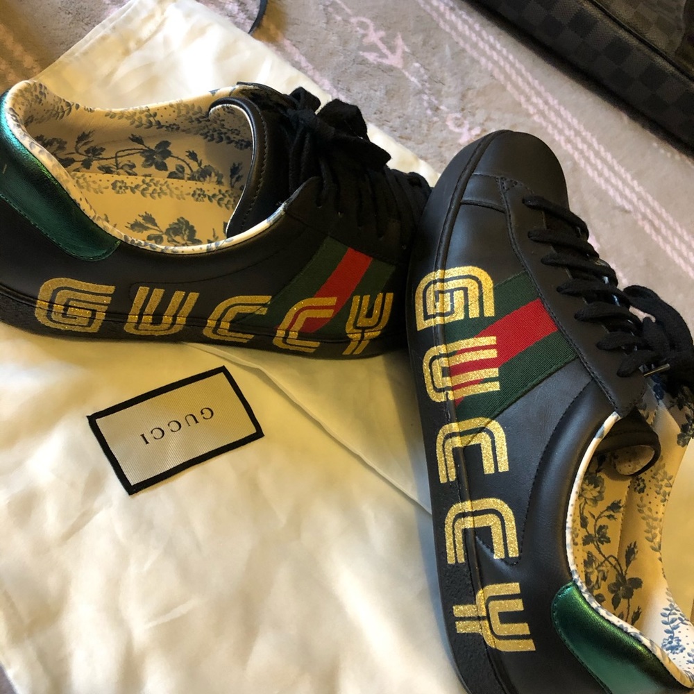 Men's Ace Guccy-Print Leather Sneakers .. G8.5